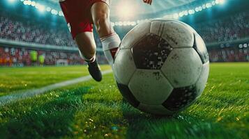 AI generated Football World Championship  Soccer Player Runs to Kick the Ball photo