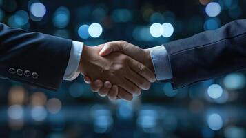 AI generated Agree concept  Two businessman handshake on dark room background photo