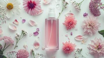 AI generated Cosmetics - beauty product mockup with blank bottle with pink liquid soap or shower gel on a white surface surrounded by different delicate flower petals photo