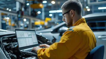 AI generated Car Factory Engineer in High Visibility Vest Using Laptop Computer. photo