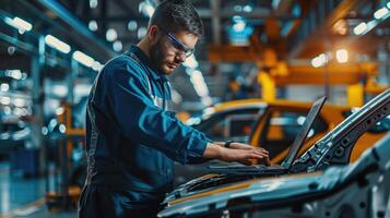 AI generated Car Factory Engineer in High Visibility Vest Using Laptop Computer. photo