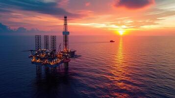 AI generated Aerial view offshore drilling rig  at the offshore location during sunset photo