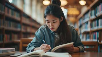 AI generated Female student taking notes from a book at library. Young asian woman sitting at table doing assignments in college library. photo