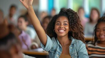 ai generado contento africano americano estudiante levantamiento su mano a pedir un pregunta durante conferencia en el aula. foto