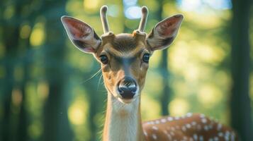 AI generated Funny deer in the forest. Close-up. Shallow depth of field. photo