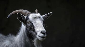 AI generated Goat close-up on a dark background. Space for text photo