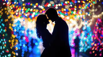 ai generado el encantador silueta de un Pareja en amor conjunto en contra el deslumbrante monitor de fiesta luces foto