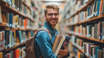 AI generated Confident handsome student holding books and smiling at camera, library bookshelves on background, learning and education concept photo