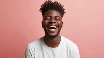 AI generated Handsome unshaven young dark-skinned male laughing out loud at funny meme he found on internet photo