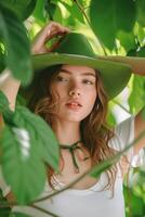AI generated Portrait of beautiful woman with green leaves for natural products advertising. Attrative brunette girl with healthy skin, Smooth face, Beauty treatments, Cosmetics photo