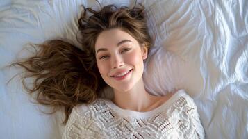 AI generated Relaxed serene female laying down on the bed. Happy young woman taking a break time, Resting on the bed and enjoy her weekend at home photo