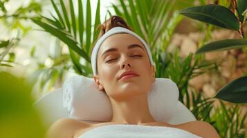 AI generated Relaxed beautiful woman in spa salon. Natural alternative therapy, Spa treatment concept photo