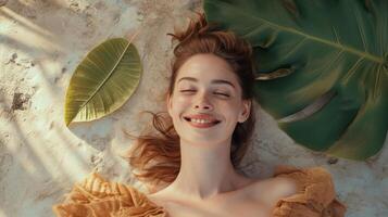 AI generated Relaxed woman laying down with leaves. Top view of young woman enjoy her freedom, Natural alternative therapy photo