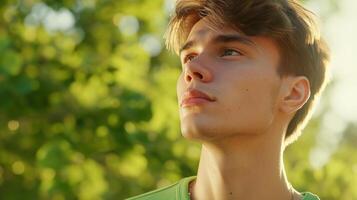 ai generado retrato de joven hombre con verde hojas para natural productos publicidad. atractivo relajado hombre en verde naturaleza antecedentes foto