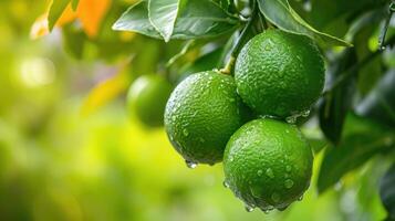 AI generated limes tree in the garden are excellent source of vitamin C. Green organic lime citrus fruit hanging on tree photo