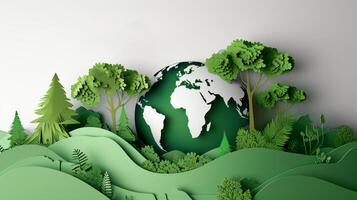 AI generated Eco Friendly Earth on White Background. Earth Day, World Environment Day, Save th World. Zero Carbon Dioxide Emissions photo