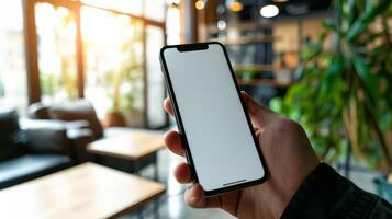 AI generated A man's hand holding a smartphone in modern office with white blank screen, First person view photo