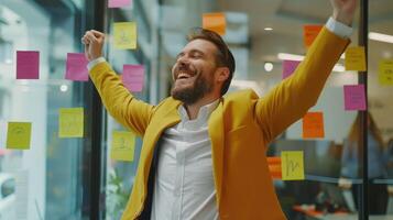 AI generated Portrait of a successful businessman near a glass board with tasks, the man fulfilled his plan on time photo