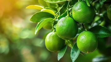 AI generated limes tree in the garden are excellent source of vitamin C. Green organic lime citrus fruit hanging on tree photo