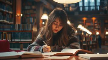 AI generated Young beautiful student girl working, learning in college library photo