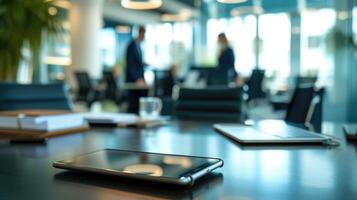 AI generated Devices on table with business people in background in modern office building photo