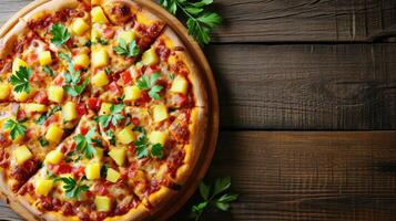 AI generated hawaiian pizza rustic table background , Hawaiian pizza on wooden plate photo