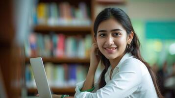 AI generated Portrait of a beautiful, young and intelligent-looking Indian Asian woman student wearing a white shirt photo