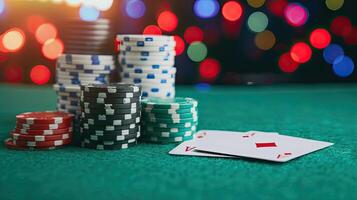 AI generated A pair of aces and stack of chips on casino green table. photo