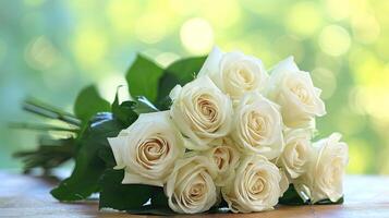 ai generado hermosa ramo de flores de brillante blanco Rosa flores, en mesa con verde antecedentes foto