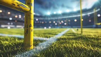 AI generated American football arena with yellow goal post, grass field and blurred fans at playground view. photo