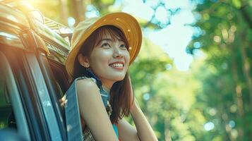 AI generated Asian women travel relax in the holiday. Traveling by car park. happily With nature, rural forest. In the summer photo