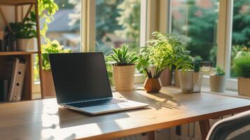 AI generated A modern work space desk with a laptop photo