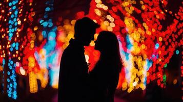 AI generated The enchanting silhouette of a couple in love set against the dazzling display of holiday lights photo