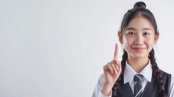 ai generado contento bonito asiático estudiante niña en colegio uniforme señalando dedo arriba aislado en blanco antecedentes. foto