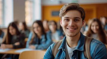 AI generated Happy university student going on a class at the university and looking at camera. photo