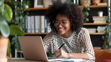 AI generated Distance Education. Portrait of smiling woman sitting at desk, using laptop and writing in notebook, taking notes, watching tutorial, lecture or webinar photo