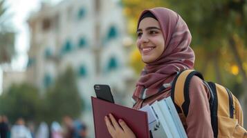 ai generado alegre árabe hembra estudiante con teléfono inteligente y libros de trabajo en pie al aire libre, contento joven medio oriental mujer caminando en ciudad después Universidad clases, foto