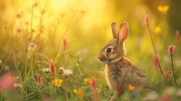 AI generated Rabbit in the meadow with flowers, shallow depth of field photo