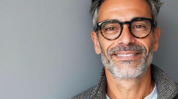 AI generated Portrait of a mature businessman wearing glasses on grey background. Happy senior latin man looking at camera isolated over grey wall with copy space. photo