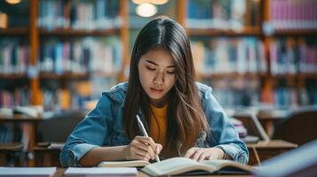 AI generated Female student taking notes from a book at library. Young asian woman sitting at table doing assignments in college library. photo
