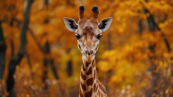 ai generado retrato de un jirafa en un antecedentes de otoño bosque. foto