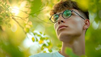 AI generated Portrait of young man with green leaves for natural products advertising. Attrative relaxed man on green nature background photo