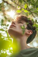 AI generated Portrait of young man with green leaves for natural products advertising. Attrative relaxed man on green nature background photo