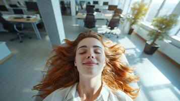 AI generated Relaxed woman laying down in modern office. Happy young businesswoman taking a break time photo