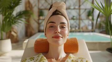 ai generado relajado hermosa mujer en spa salón. natural alternativa terapia, spa tratamiento concepto foto