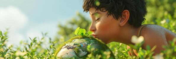 AI generated Little boy kissing planet earth against green nature background. Earth day, Enviroment Day, Save the World, Environmental conservation photo