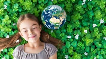 AI generated Relaxed girl laying down with earth on green background. Earth day, Enviroment Day, Save the planet, Environmental conservation photo