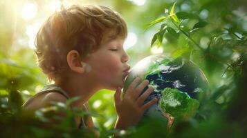 AI generated Little boy kissing planet earth against green nature background. Earth day, Enviroment Day, Save the World, Environmental conservation photo