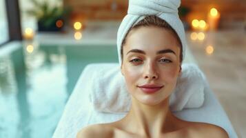 AI generated Relaxed beautiful woman in spa salon. Natural alternative therapy, Spa treatment concept photo