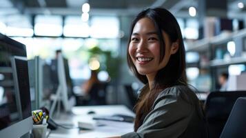 AI generated Happy Asian Woman Works in Modern Office. Beautiful Businesswoman Working on Financial, Marketing, and Analysing Data Statistics photo